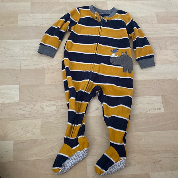 Carter’s mustard and navy fleece striped onesie - 12 months - Picture 1 of 2